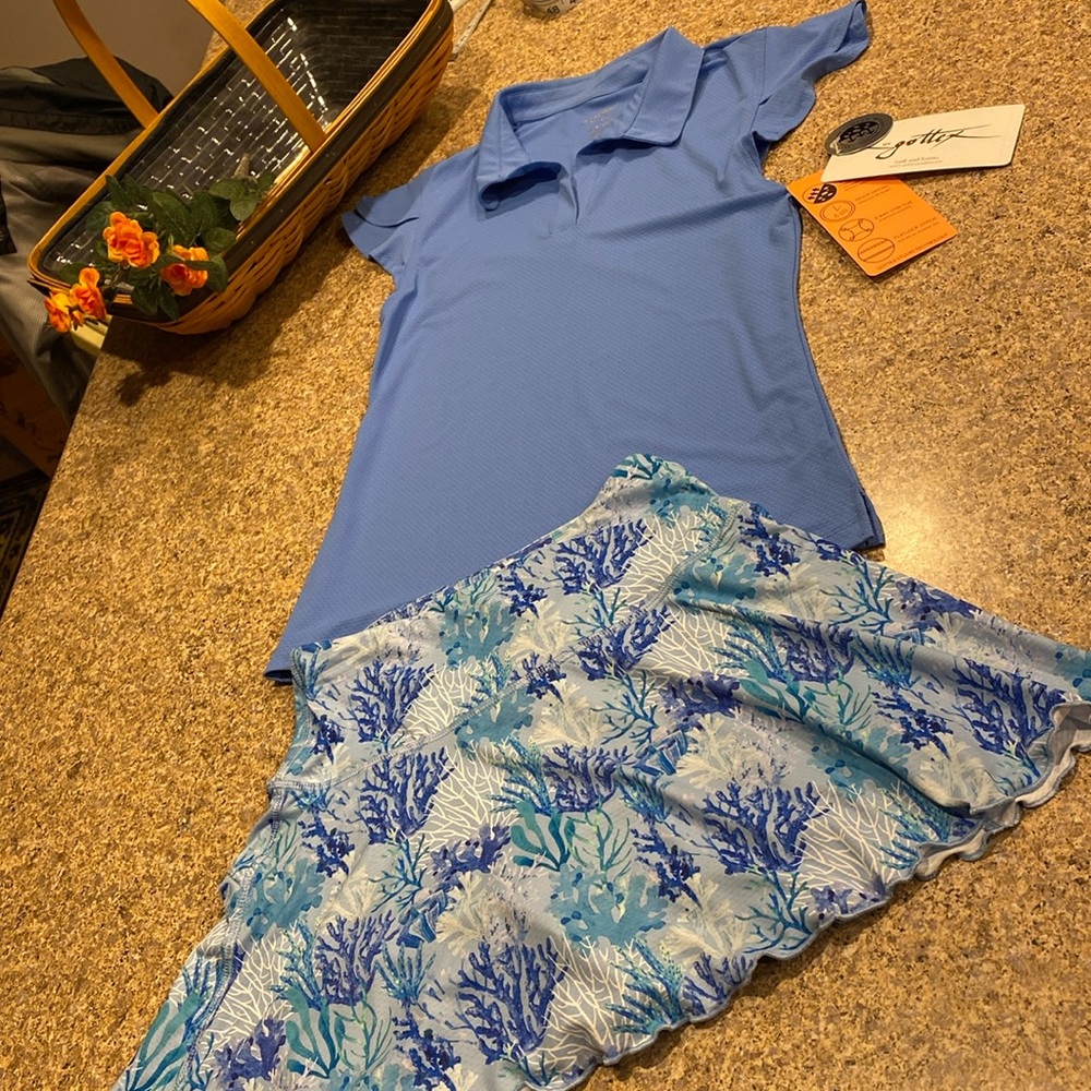 NWT X By Gottex Skort and Top Periwinkle Blue Coral 2 Piece Set XS Golf Tennis